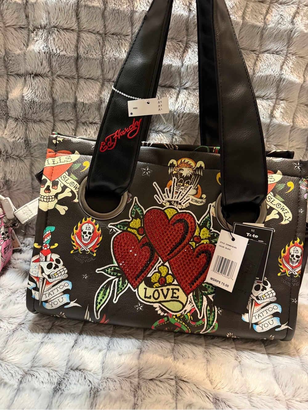 Ed Hardy Black Shoulder Bag with Red Heart Motif